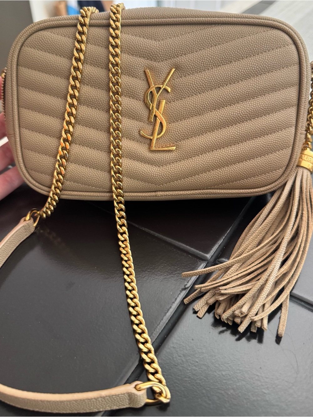 Saint Laurent Lou Camera Bag in Taupe with Gold Hardware